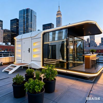 স্পেস ক্যাপসুল হাউস স্পেস-29 মডেল, যার মাত্রা L8560 * W3460 * H3400 এবং একটি বেডরুম, একটি বাথরুম ও একটি বারান্দা আছে